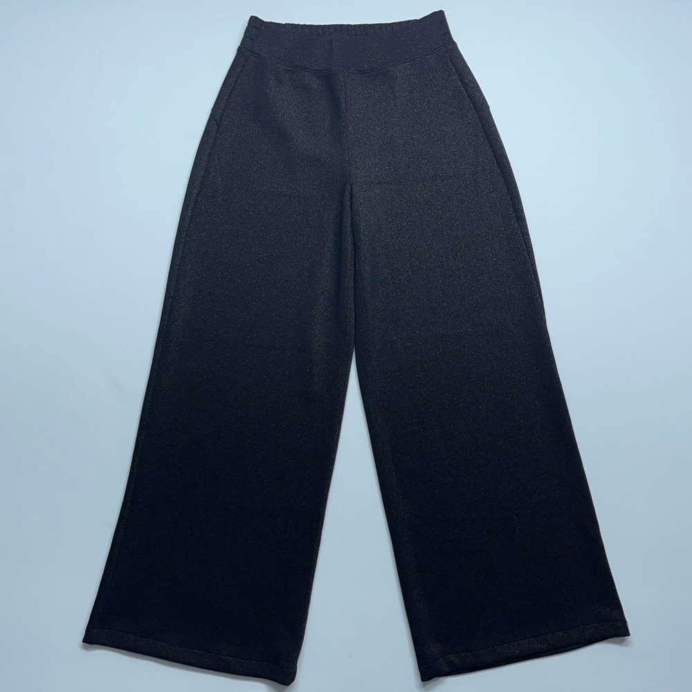 Spanx Wide Leg Dress Pants Womens Small Black High Rise Ribbed Gold Metallic